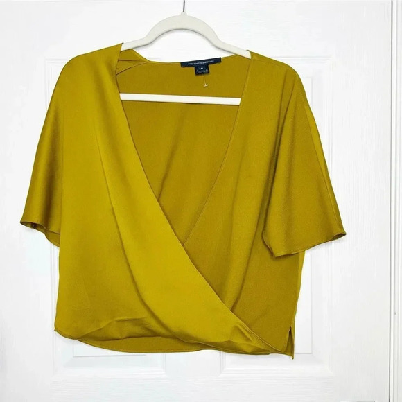 FRENCH CONNECTION Size 8 Alessia Satin Citron Wrap Top Short Sleeve - Picture 2 of 6